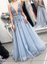Deep V Neck Dusty Blue Tulle Prom Dresses LBQ1250